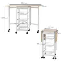 HOMCOM Carrito Auxiliar Plegable Carrito de Cocina con 6 Ruedas 1 Cajón y 3 Cesta de Metal 97,2x37x77,5 cm Blanco y Roble(m-3)