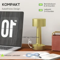 HOMCOM Tischleuchte, kabellos, wiederaufladbar, Touch-Steuerung, LED-Licht, Metallkörper, Farbe: Gold(m-4)