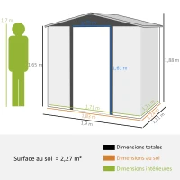 Outsunny Abri de Jardin 2,27 m² gants inclus porte verrouillable ventilations acier galvanisé 190 x 131 x 188 cm gris(m-3)