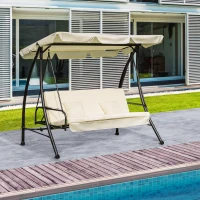 Outsunny 3 Seater Swing Chair 2-in-1 Hammock Bed Patio Garden Swing Seat Bed with Adjustable Canopy and Cushions, Cream(m-10)