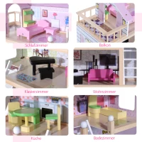HOMCOM Puppenhaus aus Holz Puppenvilla für Kinder ab 3 Jahren Puppenstube Dollhouse 4 Etagen mit Möbel und Zubehör Spielzeug 60 x 30 x 80 cm(m-6)
