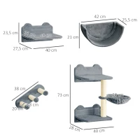 PawHut Kletterwand-Set für Katzen, Hängematte, Kratzbrett, Sprungplattformen, Plüsch, Sisal, Grau(m-3)