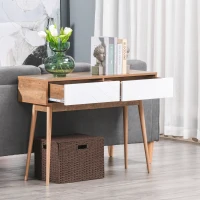 HOMCOM Console Table Sofa Side Desk with 2 Drawers Solid Pine Wood Legs for Living Room Entryway Bedroom Brown and White(m-7)