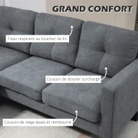 HOMCOM Canapé d'angle 3 Places méridienne réversible droite ou gauche, salon, grand confort, dossier capitonné, gris(m-4)