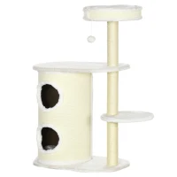 PawHut Arbre à chat 2 griffoirs sisal naturel niche cylindrique 2 plateformes pompon suspendu peluche blanc crème(m-10)
