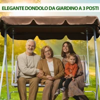 Outsunny Dondolo da Giardino a 3 Posti in Metallo, Tetto Parasole Rimovibile e Lavabile, Marrone e Argento, 171x108x150cm(m-4)