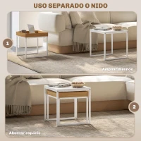HOMCOM Mesas Nidos de 2 Piezas con Marco de Acero Mesas de Centro Pequeñas para Dormitorio Blanco y Roble(m-4)