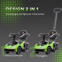 AIYAPLAY Lamborghini Macchinina per Bambini 2 in 1 con Maniglione e Barriera di Sicurezza, Volante e Clacson, Auto per Bambini in PP e Metallo, 86.5x40x89.5 cm, Verde e Nero(m-4)