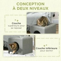 PawHut Maison niche pour chat 2 niveaux avec coussin moelleux en peluche - 36,5 x 36,5 x 33 cm gris(m-4)