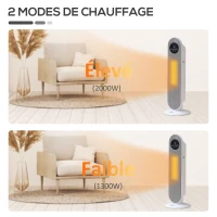 HOMCOM Chauffage d'appoint Radiateur soufflant Radiateur céramique oscillant 15-40°C avec Télécommande 1300/2000W, 21 x 21 x 63,5 cm(m-9)