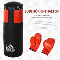 HOMCOM Boxsack-Set Box-Set mit Boxhandschuhen Gefüllt Set für Erwachsene Jugendlichen Hanging Boxing Heavy Bag 16 KG Ø30 x 120 cm Schwarz+Rot(m-4)