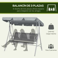 Outsunny Balancín Jardín Exterior de 3 Plazas con Toldo Ajustable Respaldo Transpirable y Marco de Metal 171x108x154 cm Gris(m-7)