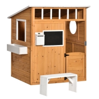 Outsunny Casa Infantil de Madera Casita de Juegos para Niños de +3 Años con Mesita Banco Buzón Pizarra Macetero Ventanas y Puerta para Exterior 122x108x135,5 cm Natural