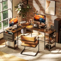 HOMCOM 168cm Reversible L Shaped Desk, Industrial Corner Computer Desk with Adjustable Shelf and Storage Bag, 240cm 2 Person PC Table with Monitor Stand, Rustic Brown(m-10)