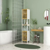 HOMCOM Bamboo-Blend Retro Cut-Out Tall Bathroom Storage Unit(m-10)