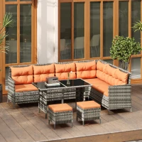 Outsunny 7-Seater Patio wicker Sofa Set Rattan Chair Furniture w/ Glass & Cushioned, Orange(m-2)