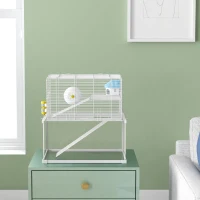 PawHut Gerbil Cage, Dwarf Hamster Cage w/ Deep Glass Bottom, Ramps, Platforms, Hut, Exercise Wheels, Water Bottle - White(m-8)