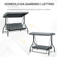 Outsunny Dondolo da Giardino 3 Posti Convertibile in Lettino con Tettuccio Regolabile, Grigio Scuro(m-5)