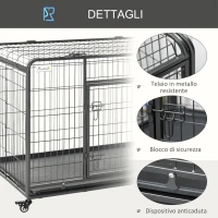 PawHut Kennel Gabbia per Cani Pieghevole a Doppia Porta con Blocco, Box per Cani con 4 Ruote con Freno e Fondo Rimovibile, 125x76x81cm, Grigio Scuro(m-6)