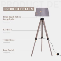 HOMCOM Tripod Floor Lamps for Living Room Bedroom, Modern Adjustable Standing Lamp with Wood Legs, Drum Fabric Shade, 99-143cm, Grey(m-5)