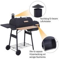 Outsunny Smoker Grill BBQ Holzkohlengrill Grillwagen Multifunktion mit 2 x Brennkammer Schornstein Metall + Tannenholz Schwarz 124 x 53 x 104 cm(m-6)