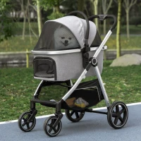 PawHut 3 in 1 One-Click Foldable Pet Stroller, Detachable Dog Cat Travel Pushchair, Car Seat w/ EVA Wheels, Basket, Adjustable Canopy, Safety Leash, Cushion, for Small Pets - Grey(m-10)