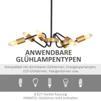 HOMCOM Kronleuchter Hängelampe Chandelier 6-flammig höhenverstellbar Pendelleuchte Deckenleuchte  Industrial mit E27 Lampenfassung für Wohnzimmer Schlafzimmer Metall Schwarz+Gold Ø48 x 120 cm(m-6)