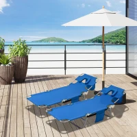 Outsunny 2 Pieces Foldable Sun Lounger with Reading Hole, Portable Sun Lounger with 5 Level Adjustable Backrest, Reclining Lounge Chair with Side Pocket, Headrest Pillow, Blue(m-2)