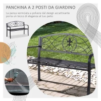 Outsunny Panchina da Esterno a 2 Posti, Panchina da Giardino Design Floreale Ergonomica con Braccioli in Metallo Nero, 129x50x91cm(m-4)