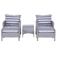 Outsunny 5 Pieces PE Rattan Garden Furniture Set with 10cm Thick Padded Cushions, Wicker Weave Outdoor Seating Chairs with 2 Armchairs, 2 Stools, Glass Top Table, Grey and White(m-7)