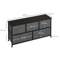 HOMCOM Commode meuble de rangement 100 x 30 x 54 cm 5 tiroirs non-tissés gris foncé structure acier noir aspect bois(m-3)