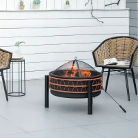 Outsunny 61cm Outdoor Fire Pit, Metal Round Firepit Bowl, Charcoal Log Wood Burner with Screen Cover, Poker for Patio, Black(m-10)