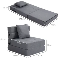 HOMCOM Schlafsessel Relaxsessel Gästebett. abnehmbarer Bezug, 70 cm x 70 cm x 61 cm, Dunkelgrau(m-3)