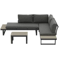 Outsunny 4 Seater L Shaped Aluminium Sectional Garden Furniture Set with 2 Loveseats and Wood-Plastic Coffee Table - Dark Grey(m-11)