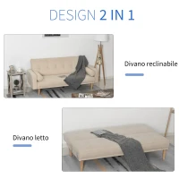 HOMCOM Divano Letto 3 Posti con Schienale Regolabile su 3 Livelli, 2 Cuscini e Braccioli Rimovibili, Beige, 185x84x85cm(m-4)