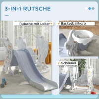 AIYAPLAY 3-in-1-Set Kinderrutsche mit Schaukel, Basketballkorb, Raketen-Design, weiß+grau, 150L x 185B x 92H cm(m-4)