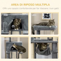 PawHut Albero Tiragraffi per Gatti con Pali in Sisal, Casetta, Lettino e Amache, 48x48x140cm, Grigio(m-4)