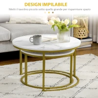 HOMCOM Set 2 Tavolini da Salotto Rotondi e Impilabili in Acciaio e Truciolato, Ø74x46.3 cm e Ø59x38.5 cm, Bianco e Oro(m-4)