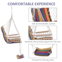 Outsunny Hanging Rope Chair with Soft Padded Seat & Backrest, Portable Garden Hammoc Chair with Wooden Support Bar, Armrests, Cotton Cloth, Footrest, for Patio & Tree, Red(m-4)