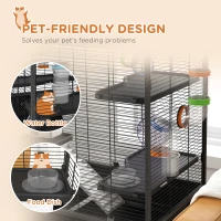 PawHut Large Hamster Cage, Gerbil Cage with Tubes, Storage Shelf, Ramps, Platforms, Running Wheel - Black(m-7)
