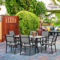 Outsunny 7 Pieces Garden Dining Set, 6 Seater Garden Table and Chairs with Parasol Hole, Outdoor Furniture Armchairs and Stone-like Plastic Top Table with Breathable Mesh Fabric Seat, Grey(m-10)