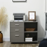 HOMCOM Freestanding Printer Stand Unit Office Desk Side Mobile Storage w/ Wheels 3 Drawers, 2 Open Shelves Modern Style 80L x 40W x 65H cm - Grey(m-7)