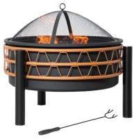 Outsunny 61cm Outdoor Fire Pit, Metal Round Firepit Bowl, Charcoal Log Wood Burner with Screen Cover, Poker for Patio, Black(m-1)