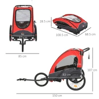 HOMCOM Remolque Infantil 3 en 1 para Bicicleta Carrito para Correr de 2 Plazas para Niños de +6 Meses Plegable Ruedas Giratorias y Manillar Ajustable 150x85x107 cm Rojo(m-3)