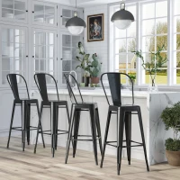 HOMCOM Juego de 4 Taburetes Altos de Cocina de Metal con Respaldo Alto y Reposapiés para Comedor 44x46x116 cm Negro(m-2)