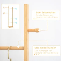 HOMCOM Moderner Garderobenständer, 2 Haken & 3 Stangen, robustes Bambus, 36x24x168 cm, Natur(m-4)