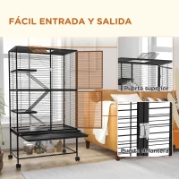 PawHut Jaula para Animales Pequeños de 4 Niveles con Ruedas Rampa Comedero Bebedero y Bandeja Extraíble 78x45,5x136 cm Negro(m-7)