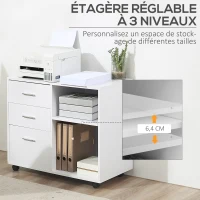 HOMCOM Support d'imprimante organiseur bureau caisson 3 tiroirs + 2 niches + grand plateau panneaux particules blanc(m-5)