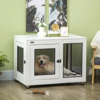 PawHut Jaula para Perros Medianos de Interior Mesa Auxiliar con 2 Puertas con Pestillo y Cojín 94x60x71,5 cm Blanco(m-2)