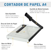 HOMCOM Cortador de Papel A4 Guillotina Profesional para Papelería Fotográfica Oficina Estudio Escuela Capacidad 12 Hojas con Regla Guía Cizalla de Cuchilla 48x26,5x5 cm Blanco(m-5)
